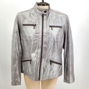 Chico's silver metallic leather moto jacket women's size 8 Chico's size 1